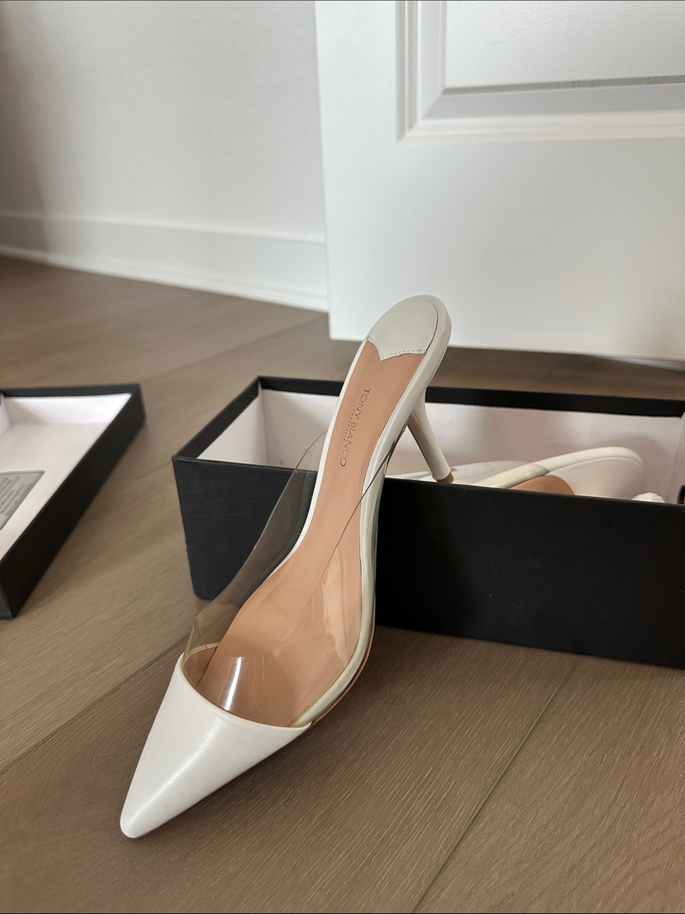 Tony Bianco White Pointed Clear-Panel Mule Heels